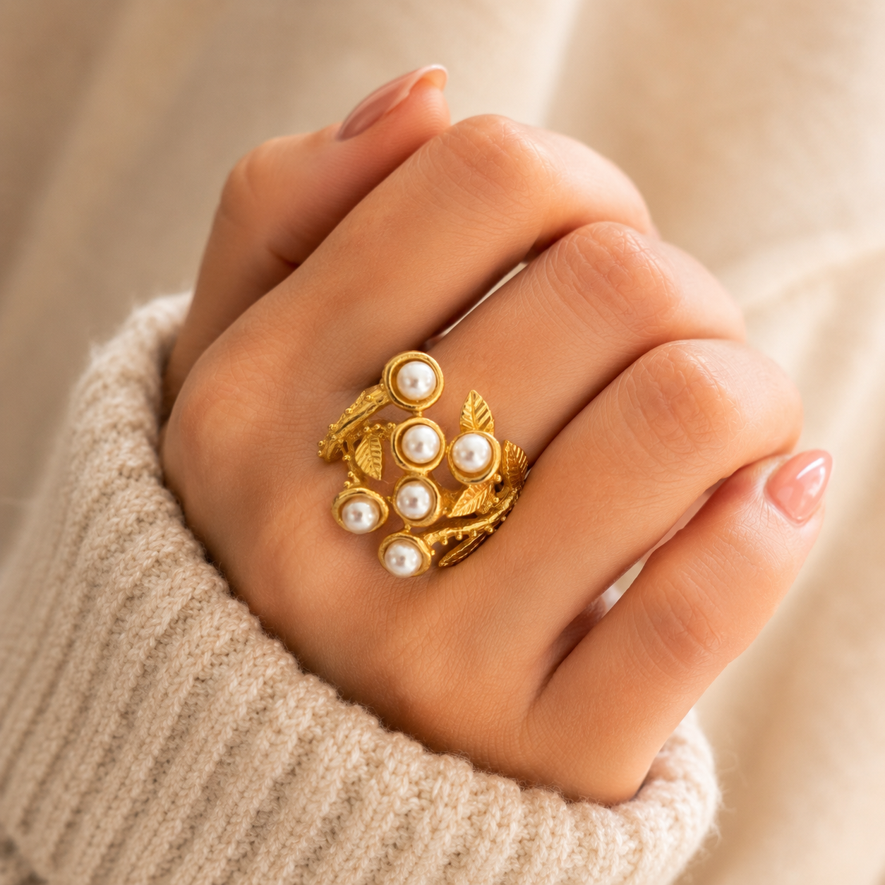 Golden Laurel Pearl Ring